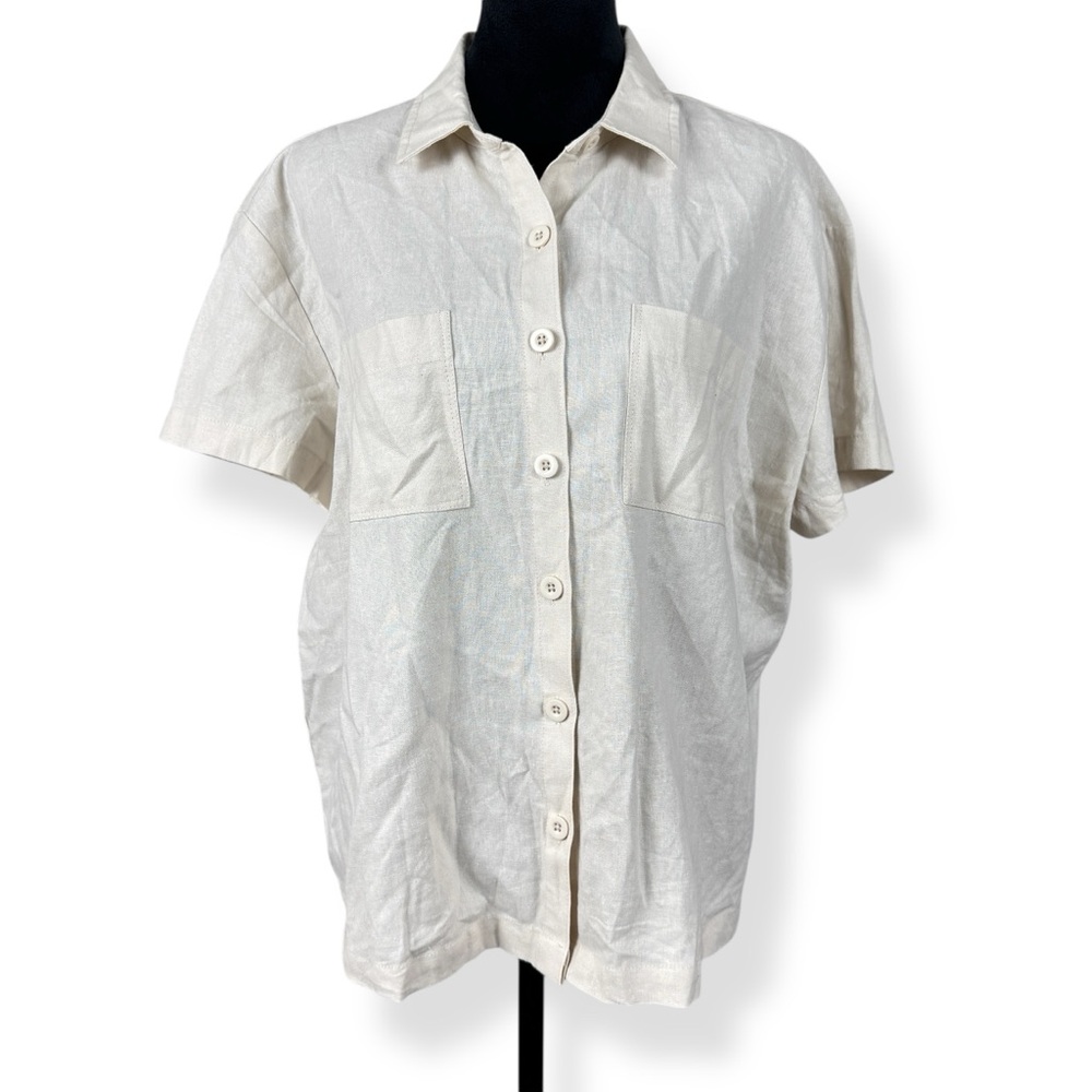 Nine West Top Womens L Large Linen Blend Beige Button Down Shirt Short Sleeves